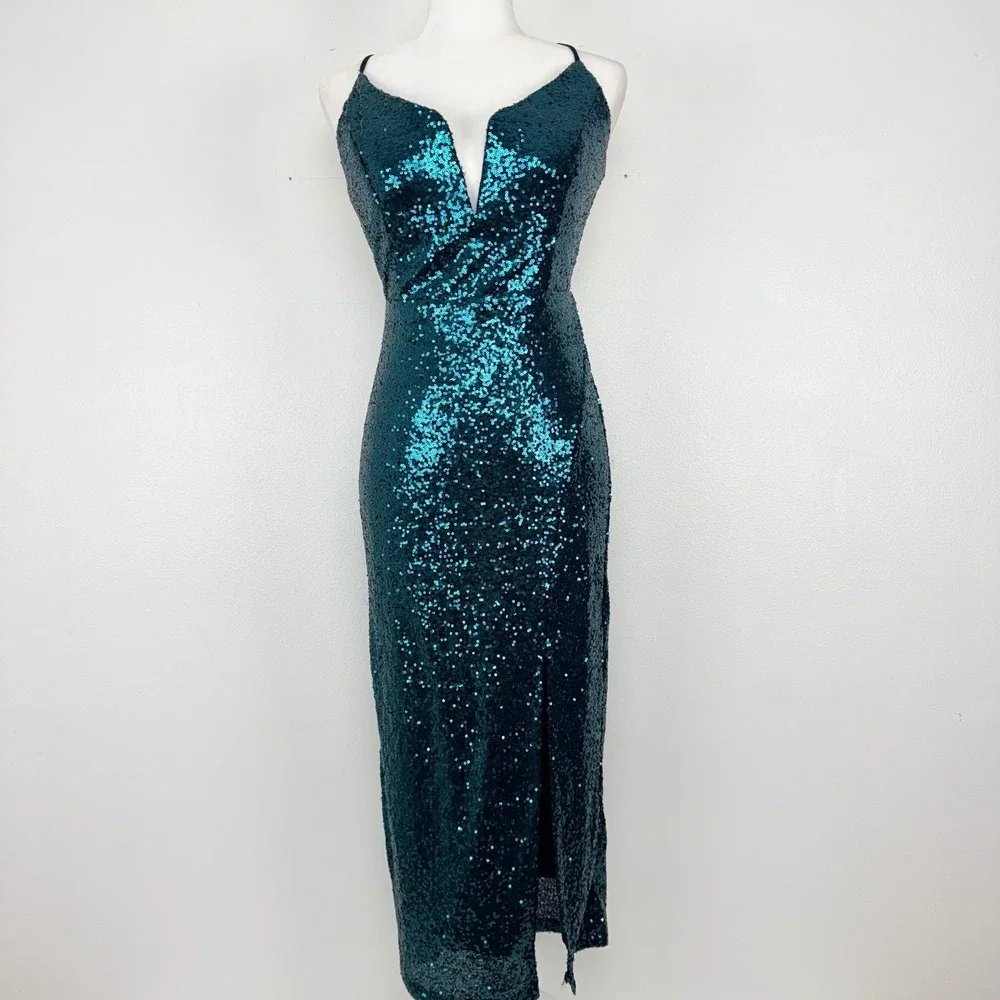 NWT Lulus Sequin Midi Dress‎ XL Teal Lace Up Back Sparkling Party Prom Stretch